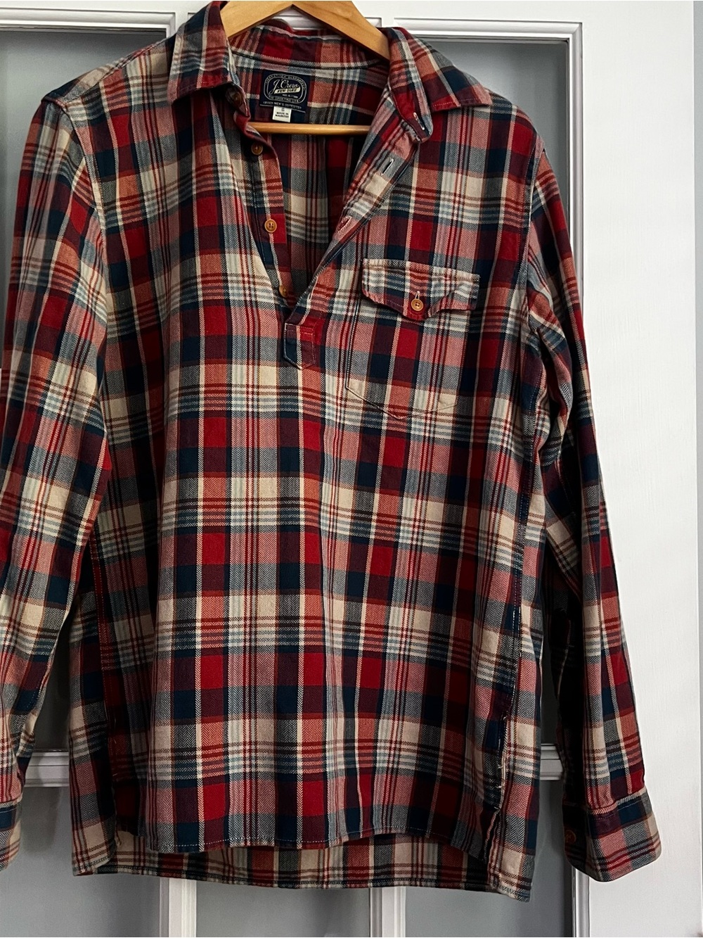 J. Crew Red, Navy & Cream Plaid Pullover Shirt